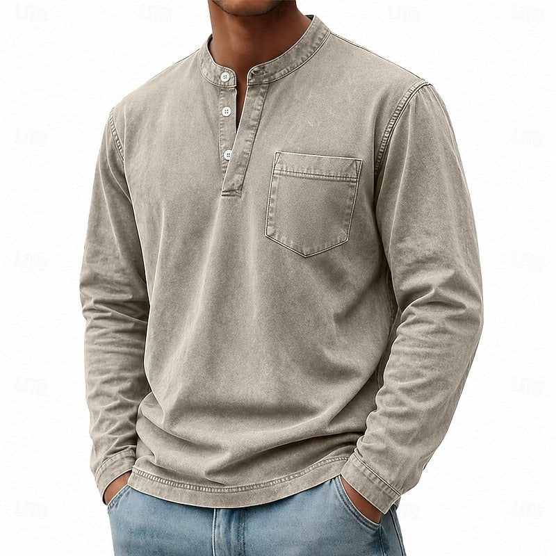 Theodore | Herren Vintage-Wasch Bandkragen Langarm Henley-Shirt