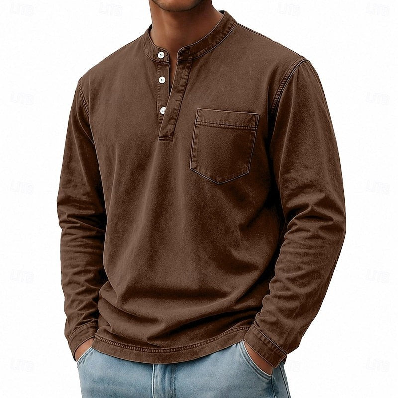 Theodore | Herren Vintage-Wasch Bandkragen Langarm Henley-Shirt