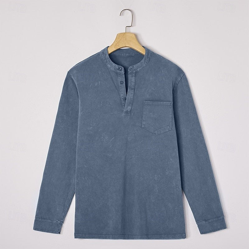 Theodore | Herren Vintage-Wasch Bandkragen Langarm Henley-Shirt