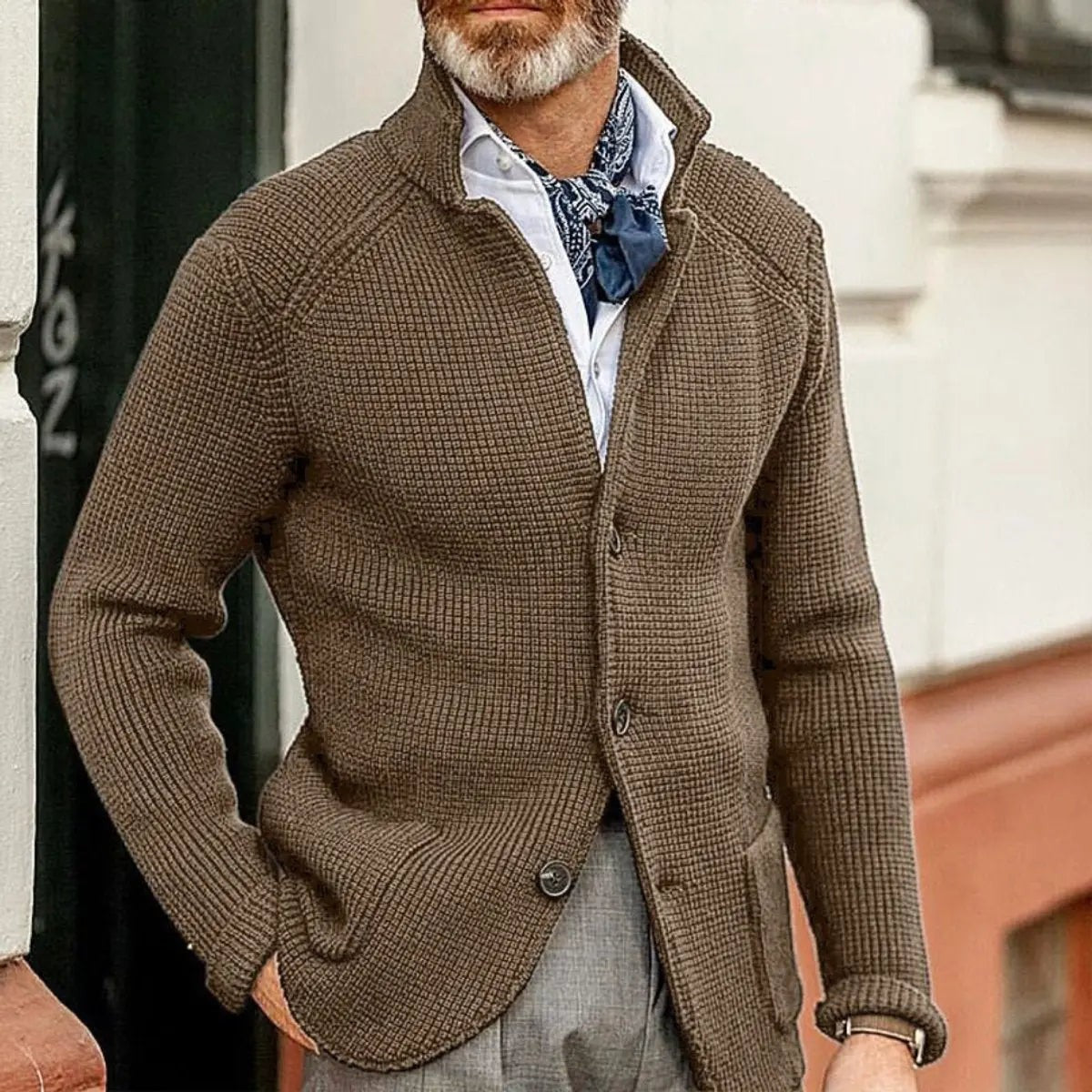 Harrison | Herren Waffelstrick Knopf-Front Stehkragen Relaxed-Fit Cardigan
