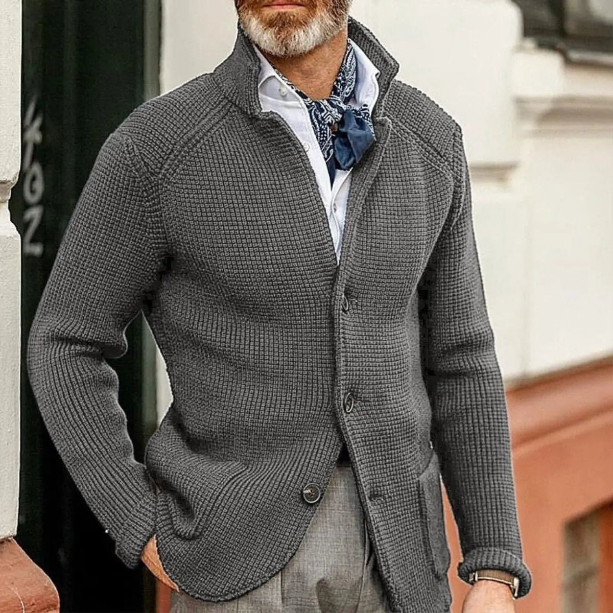 Harrison | Herren Waffelstrick Knopf-Front Stehkragen Relaxed-Fit Cardigan