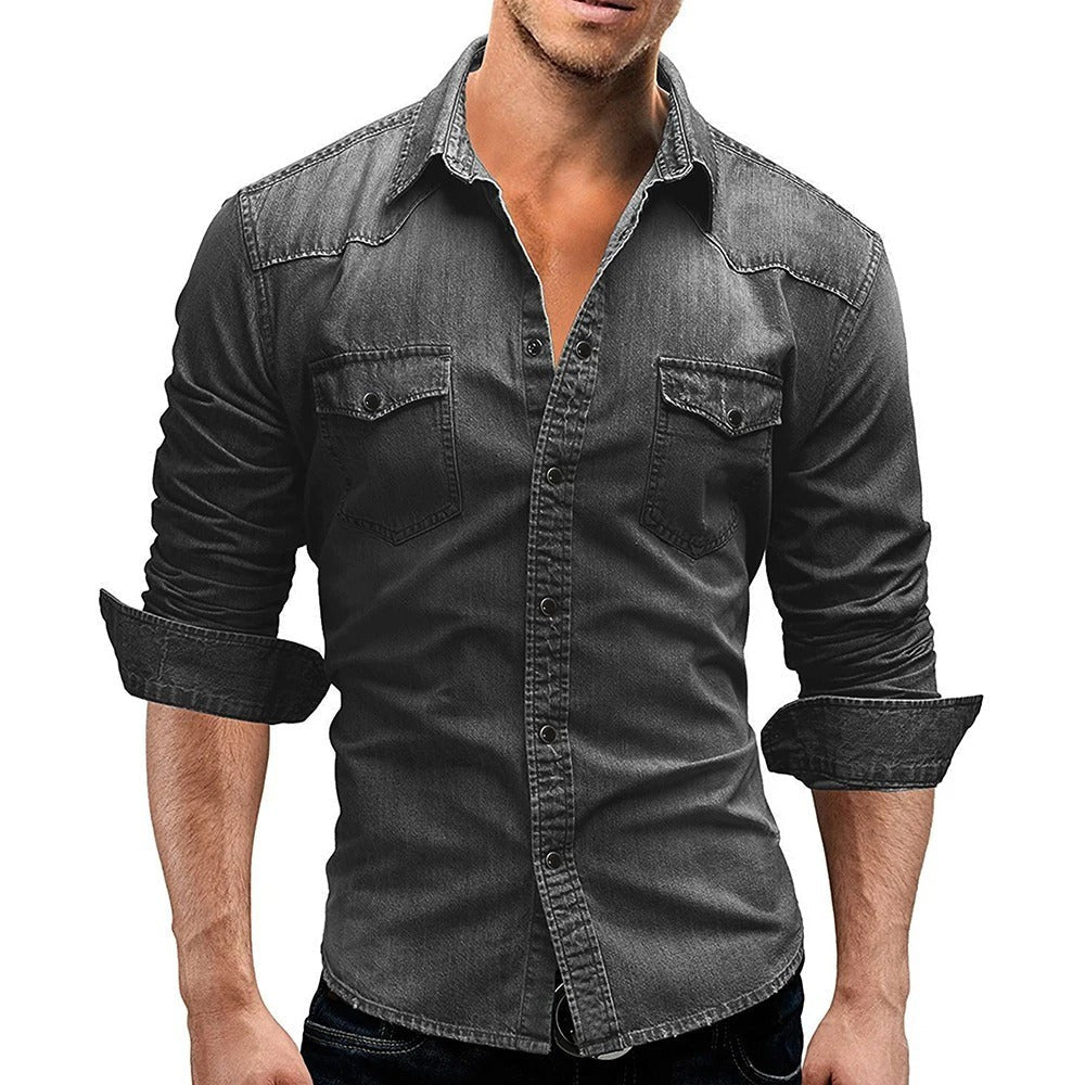 Cole | Herren Western-Stil Distressed Druckknopf Langarmhemd