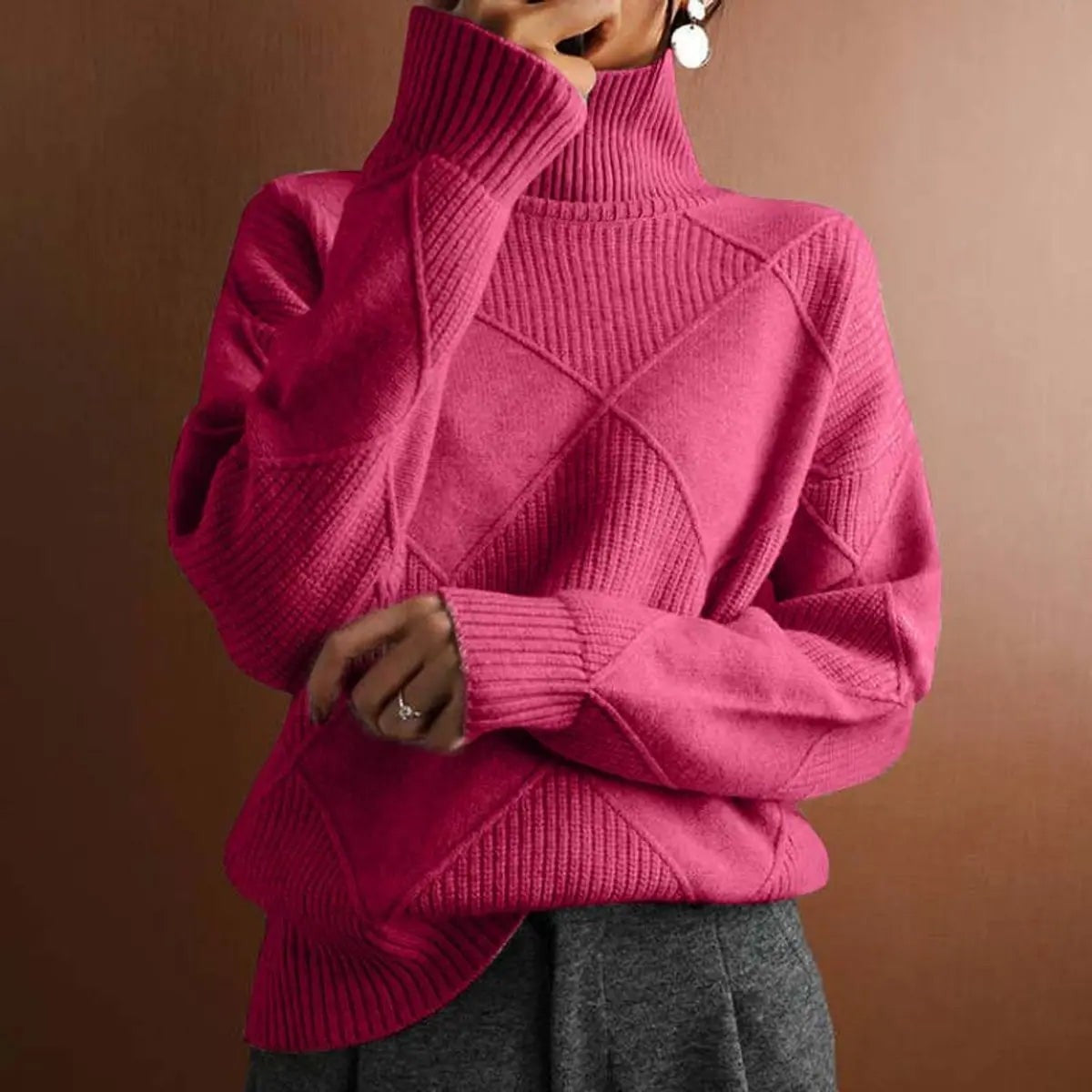 Isla | Damen Argyle Strukturierter Relaxed-Fit Rollkragenpullover
