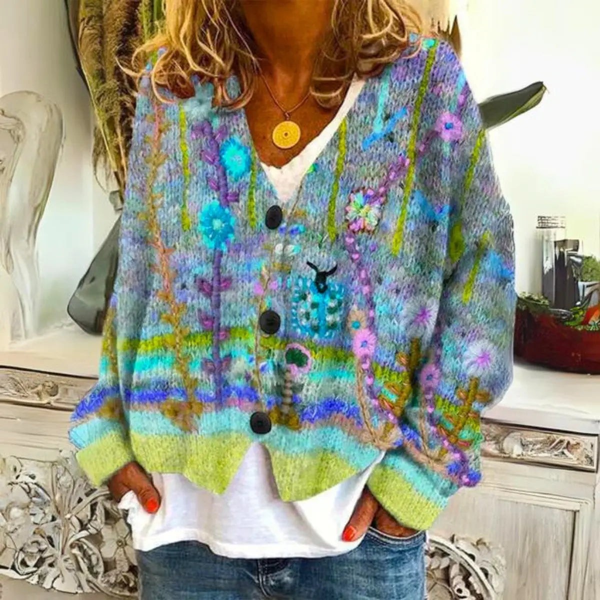 Ringelblume | Damen Boho Knopf-Cardigan aus Strick