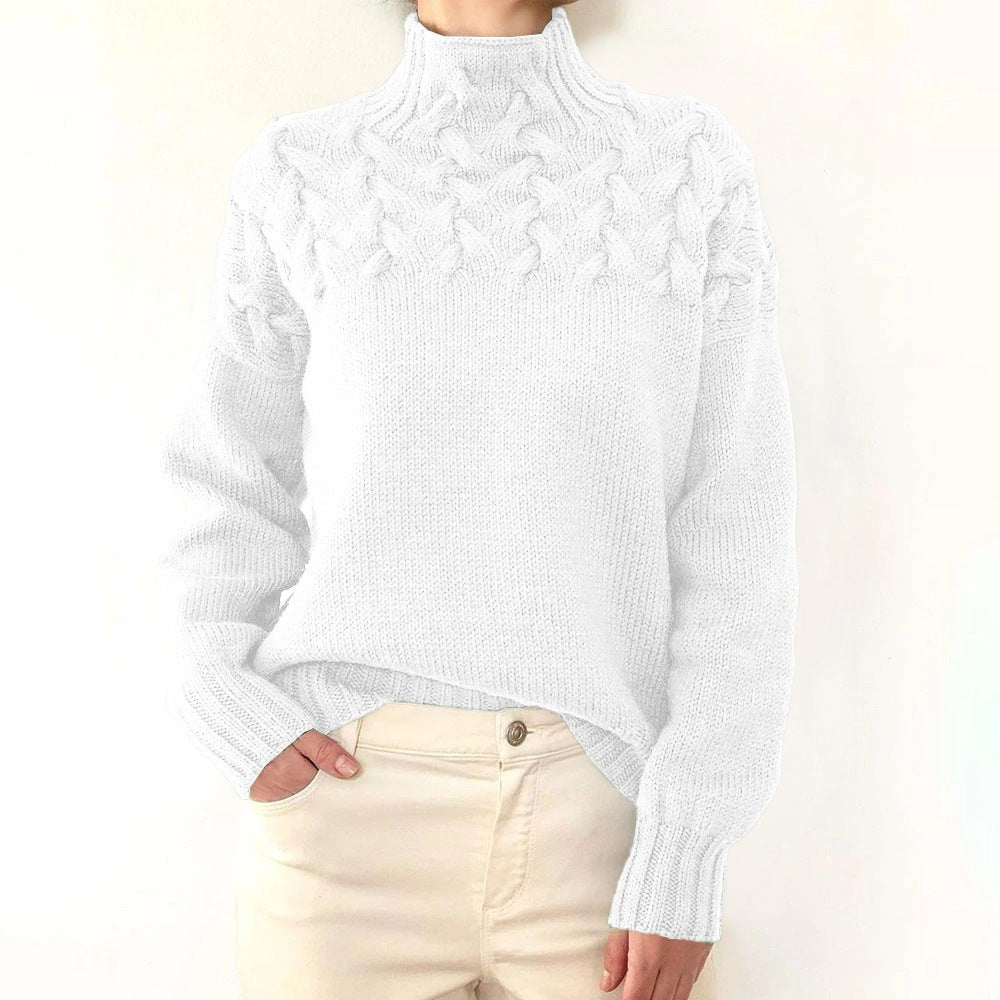 Marielle | Damen Kabelstrick Geflochtener Yoke Relaxed-Fit Rollkragenpullover
