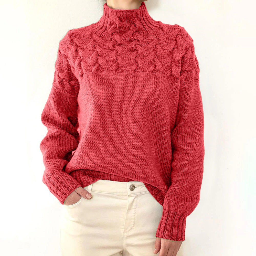 Marielle | Damen Kabelstrick Geflochtener Yoke Relaxed-Fit Rollkragenpullover