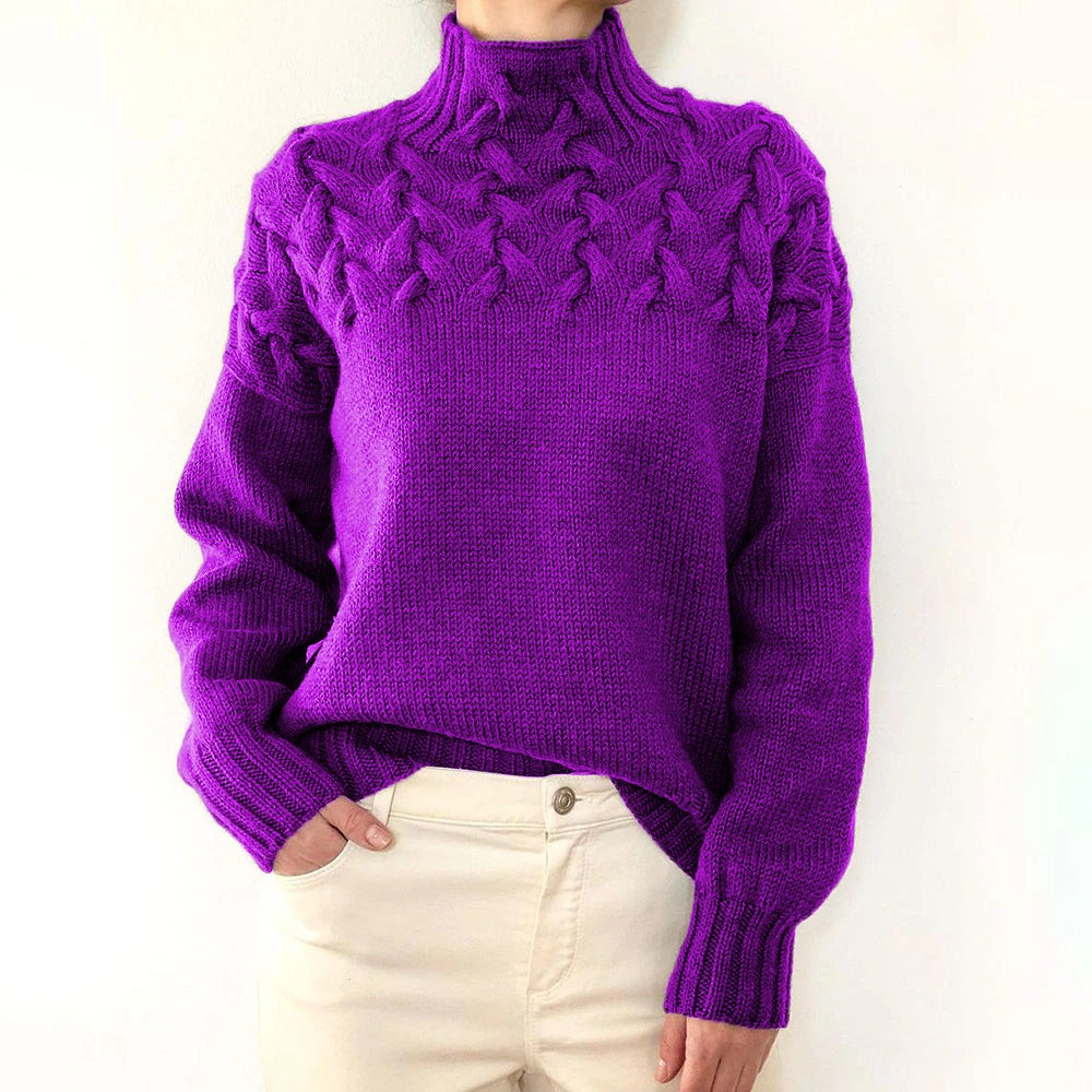 Marielle | Damen Kabelstrick Geflochtener Yoke Relaxed-Fit Rollkragenpullover
