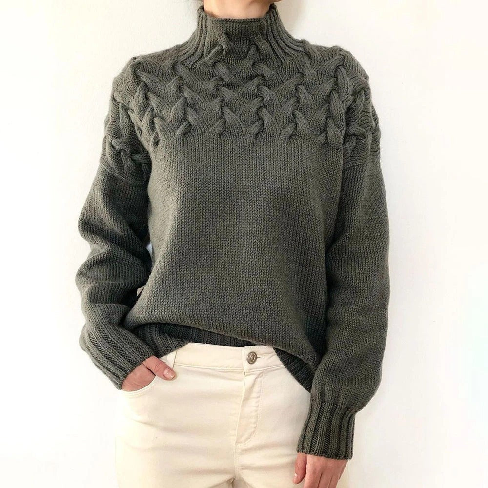Marielle | Damen Kabelstrick Geflochtener Yoke Relaxed-Fit Rollkragenpullover