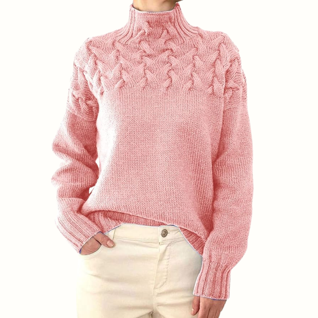 Marielle | Damen Kabelstrick Geflochtener Yoke Relaxed-Fit Rollkragenpullover