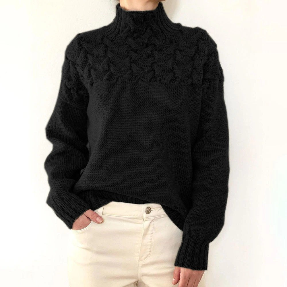 Marielle | Damen Kabelstrick Geflochtener Yoke Relaxed-Fit Rollkragenpullover