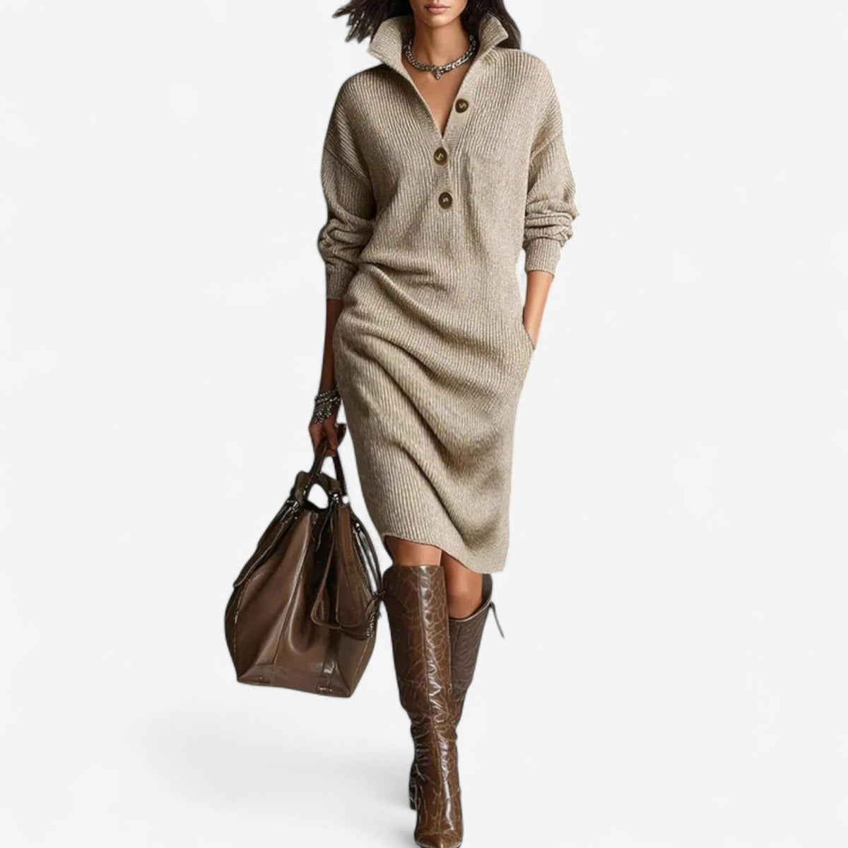Aria | Damen-Midi-Strickkleid mit Kragen und Knopfverschluss