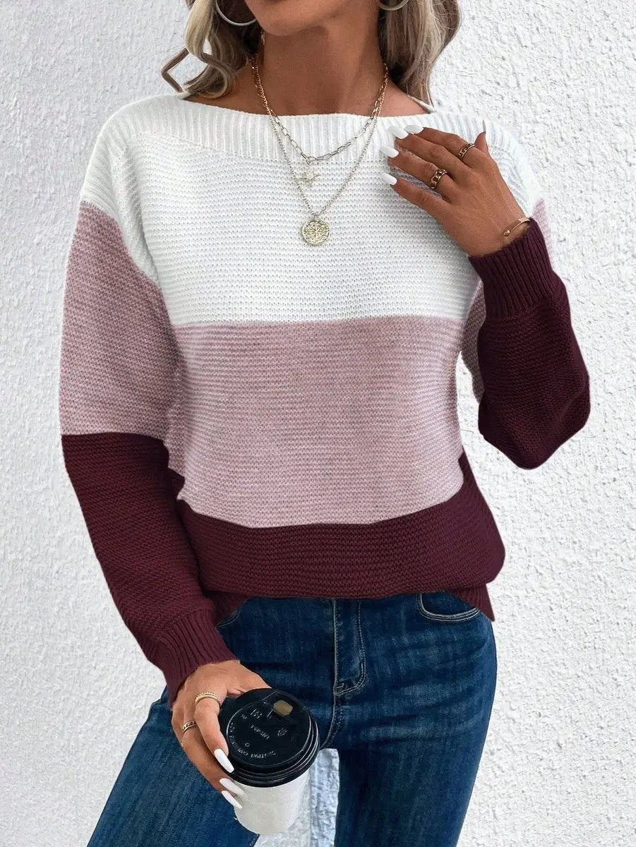 Marlowe | Damen Farbblock Relaxed-Fit Rundhals Langarm Strickpullover