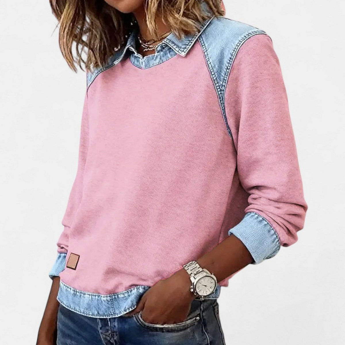 Sienna | Damen Denim-Kragen Patchwork Kontrast-Bündchen Langarm-Pullover
