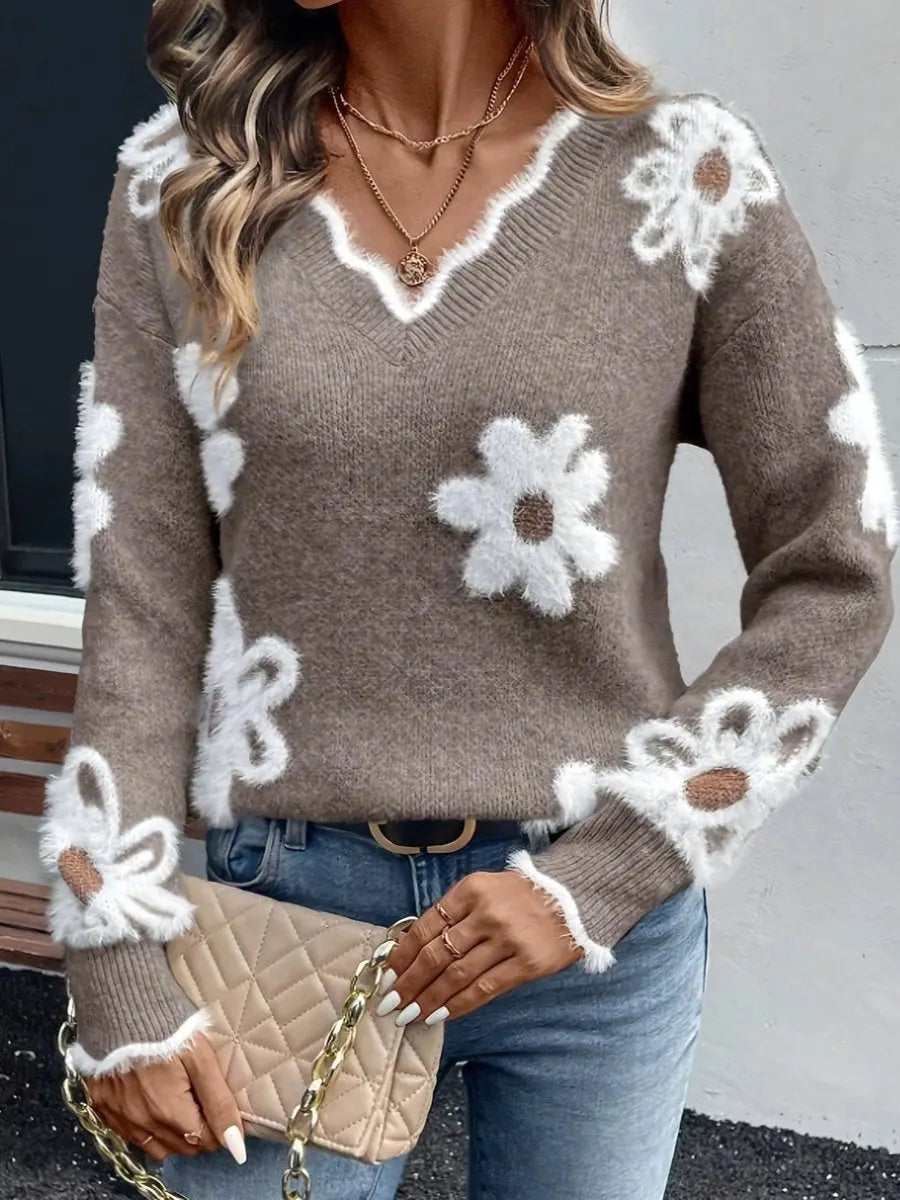Phoebe | Damen Floral Daisy V-Ausschnitt Langarm Strickpullover