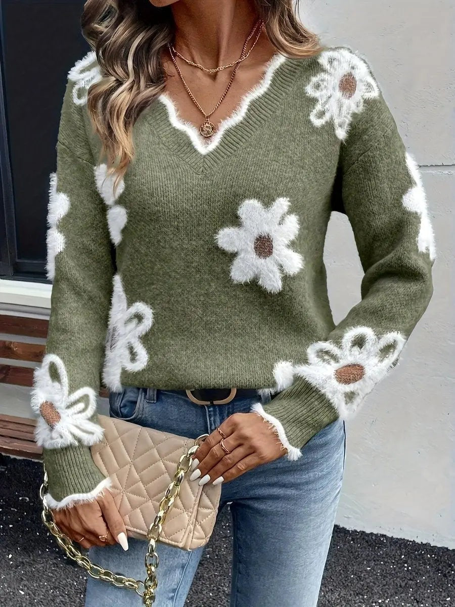 Phoebe | Damen Floral Daisy V-Ausschnitt Langarm Strickpullover