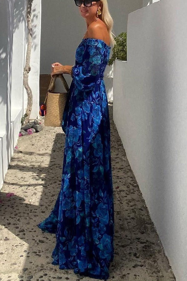 Marisol | Damen Blumen Off-Shoulder Herbst Hochzeitsgast Drei-Viertel-Ärmel Maxi Kleid