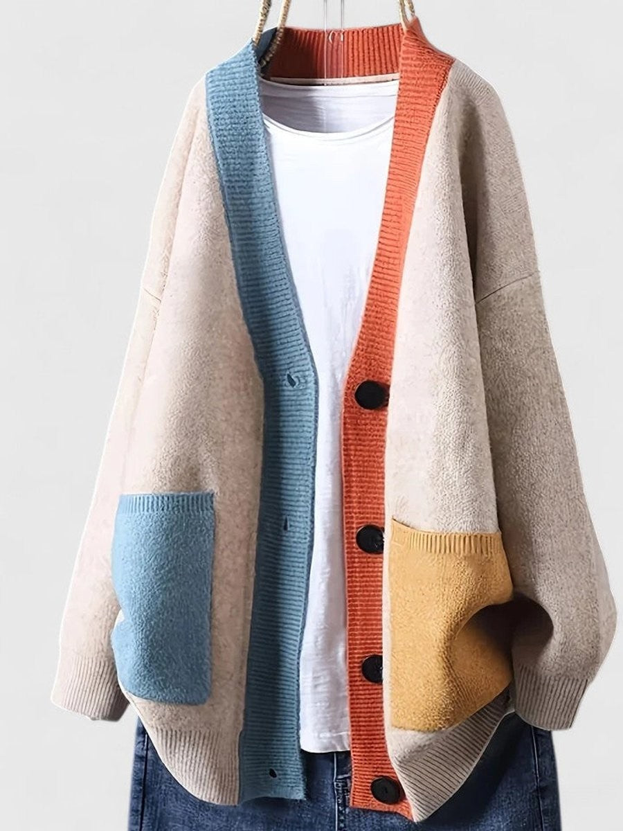 Marnie | Damen Übergroßer Farbblock Cardigan mit Knopfleiste