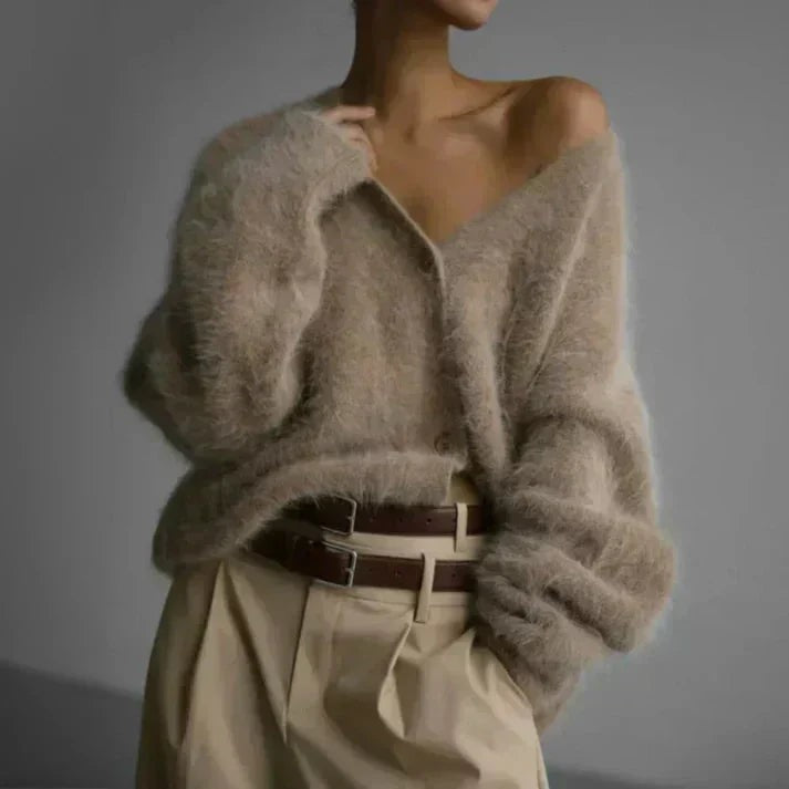Odette | Damen Oversized Fuzzy V-Ausschnitt Knopf-Front Cardigan