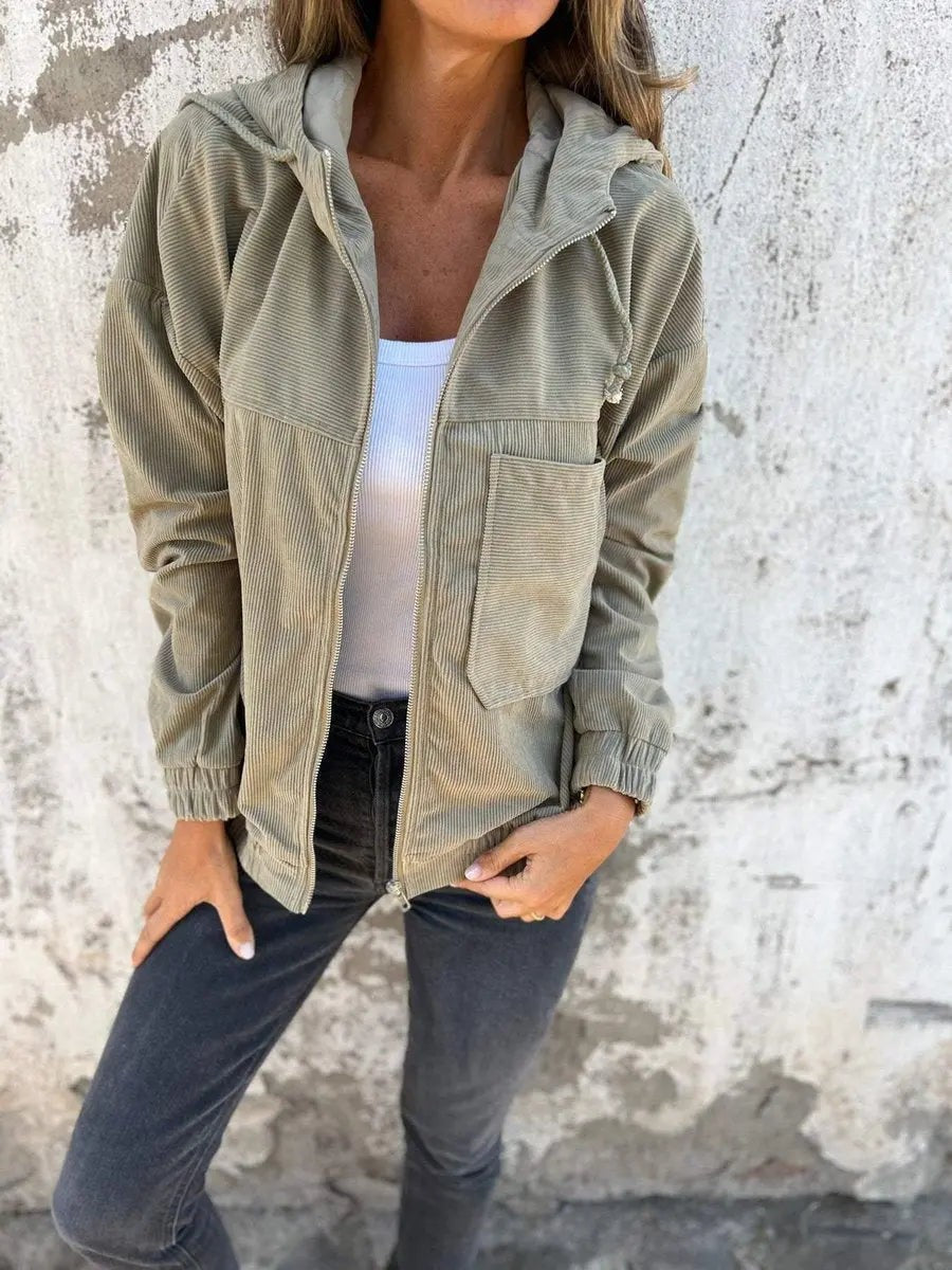 Isla | Damen Übergroße Kapuzenjacke mit Reißverschluss und Kordelzug-Saum im Cord-Style