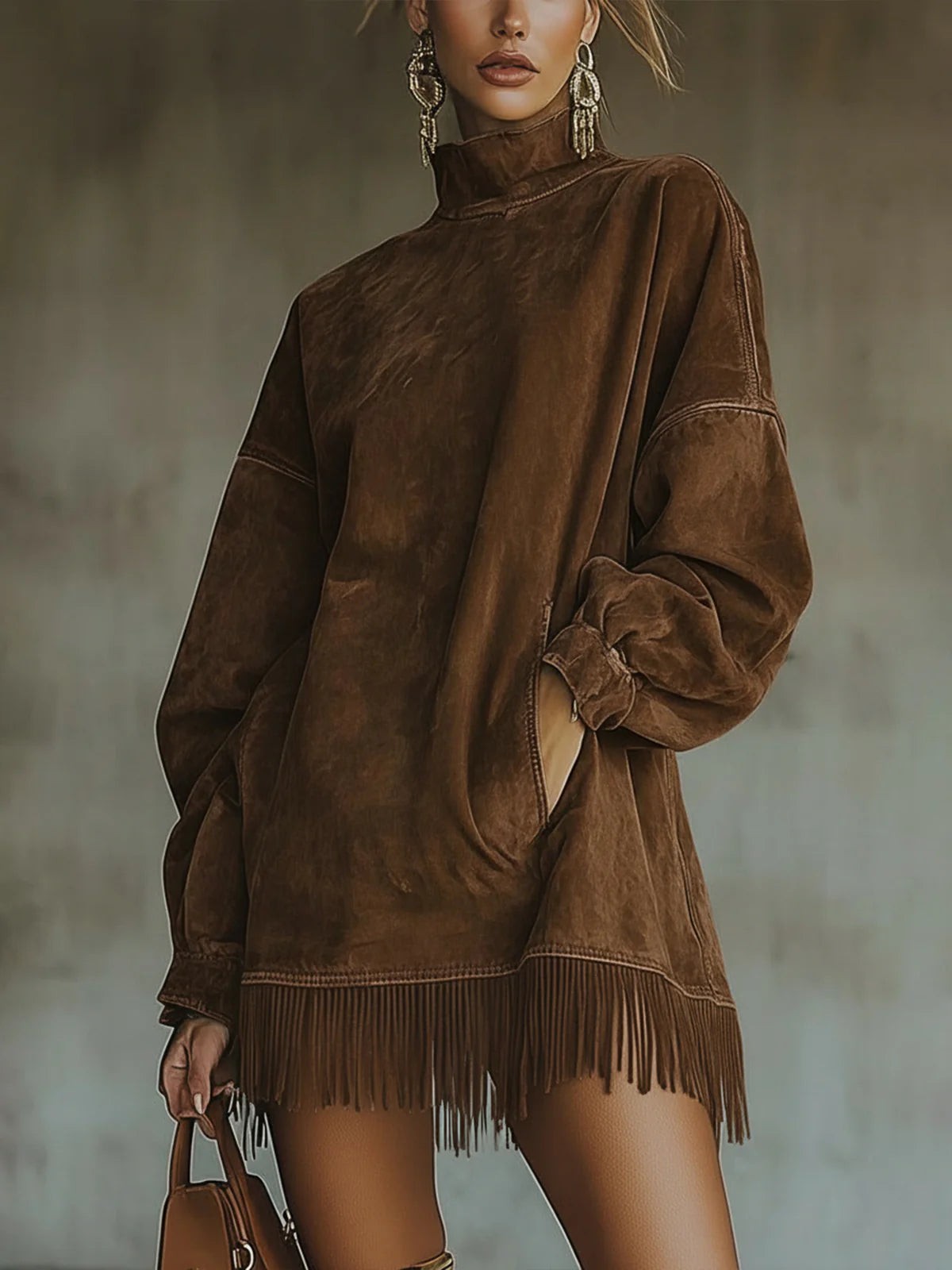 Sienna | Damen Oversized Mock-Neck Boho Mini Strickkleid