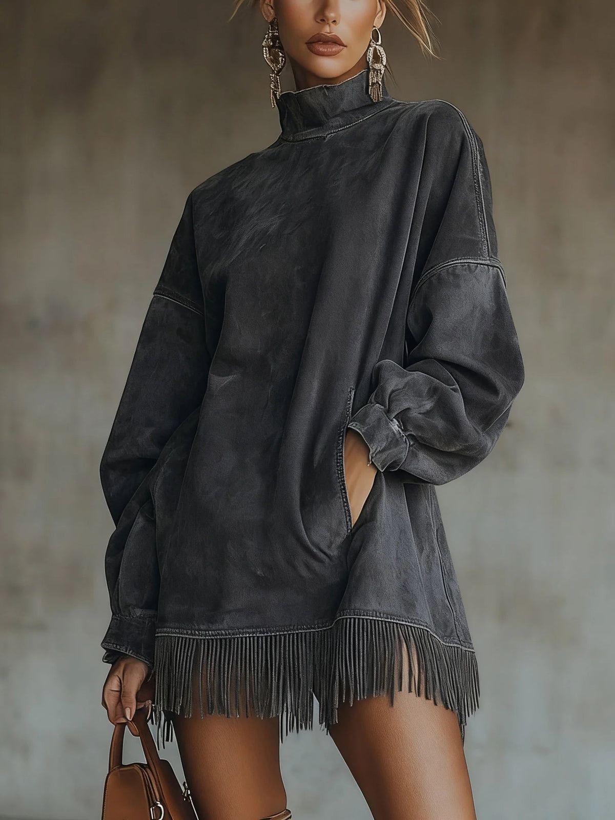 Sienna | Damen Oversized Mock-Neck Boho Mini Strickkleid
