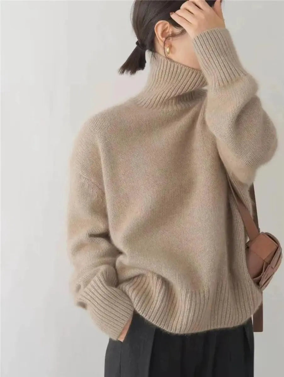 Freya | Damen Oversized Rollkragen Strickpullover mit Rippbündchen