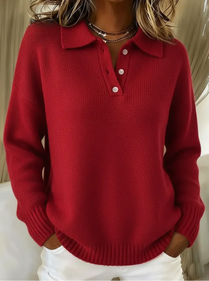 Marielle | Damen Relaxed-Fit Polo-Jumper mit Kragen und Knopfleiste