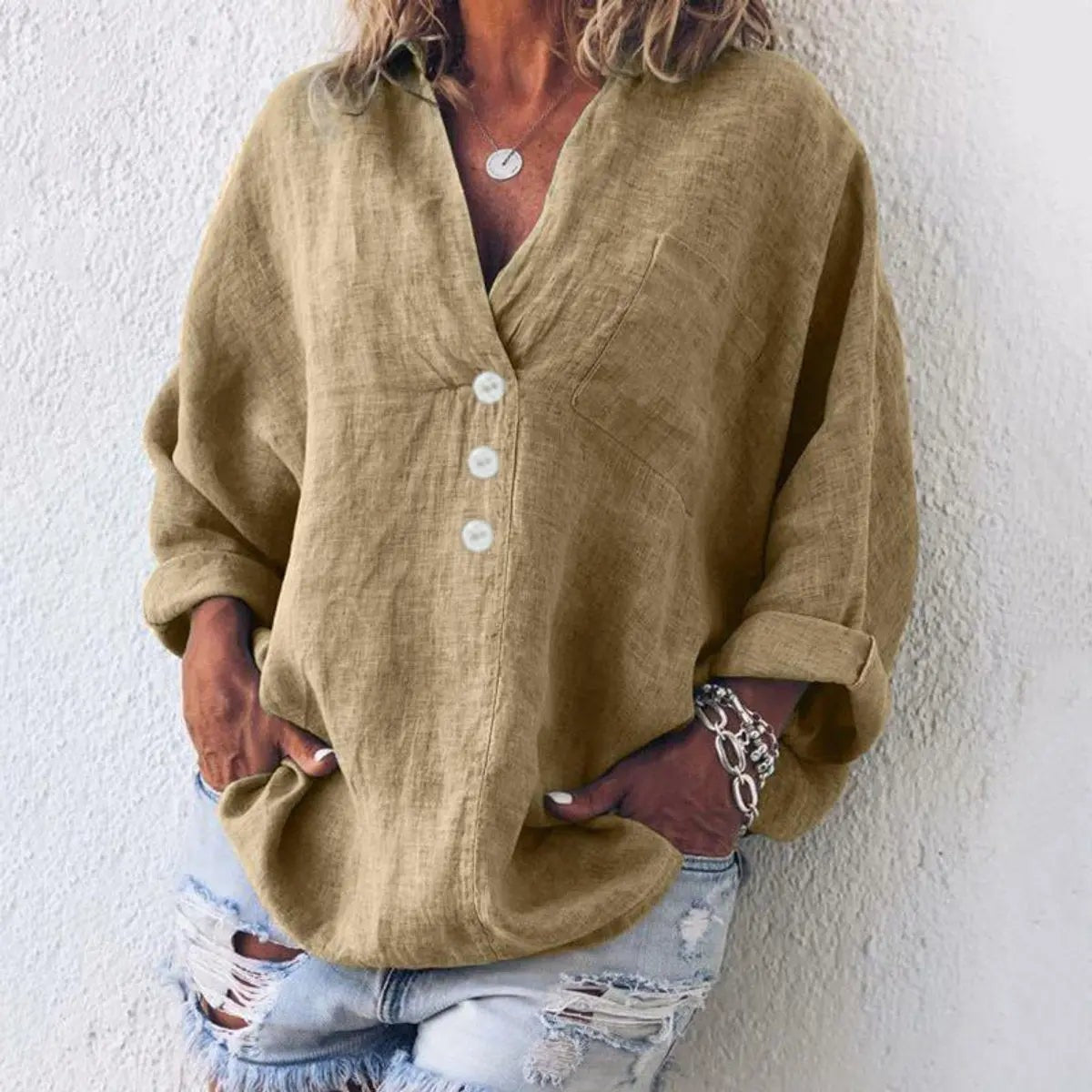 Marina | Damen Relaxed-Fit V-Ausschnitt Bluse mit Knopfleiste und Brusttasche