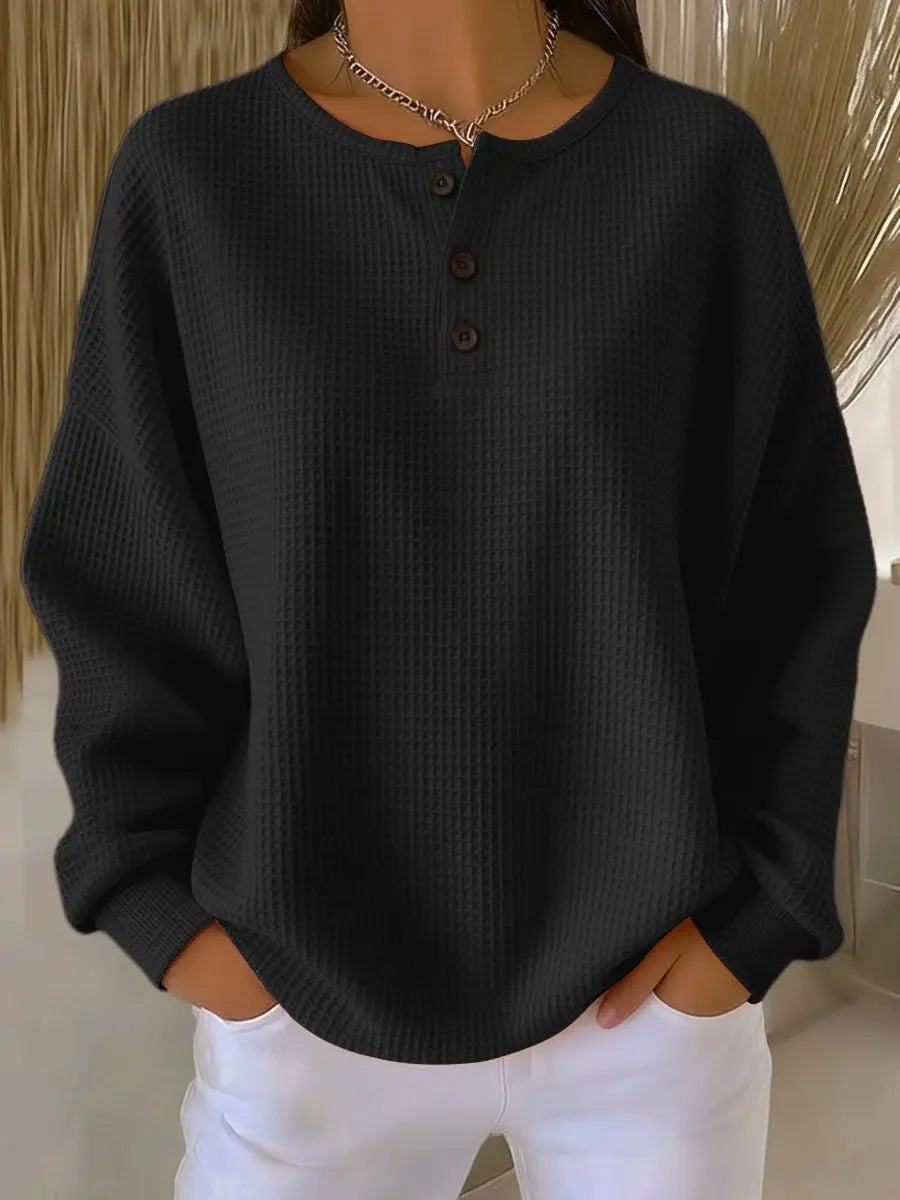 Phoebe | Damen Relaxed Oversized Waffle-Textur Henley Pullover