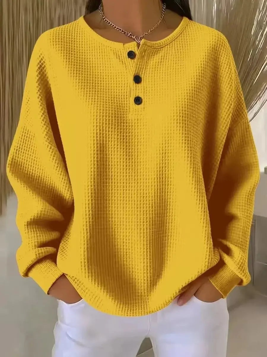 Phoebe | Damen Relaxed Oversized Waffle-Textur Henley Pullover