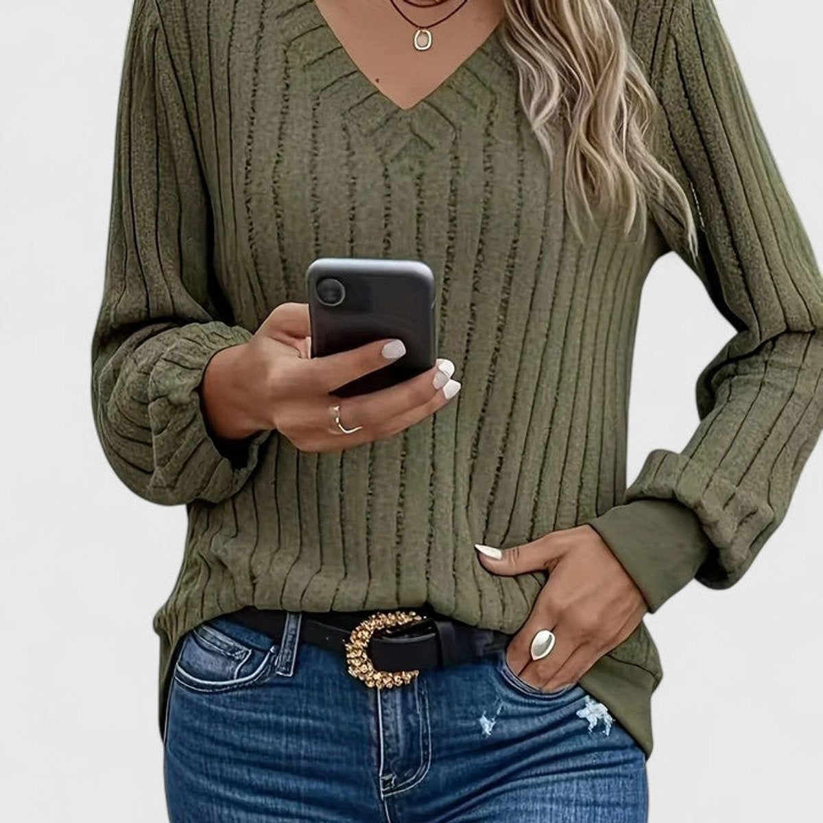 Rosie | Damen Rippstrick V-Ausschnitt Lässig-Fit Bischofärmel Pullover