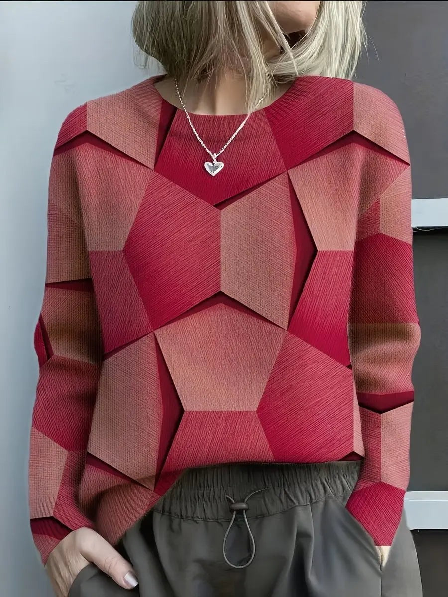 Sienna | Damen Rundhals Relaxed-Fit 3D Geometrischer Druck Langarmpullover