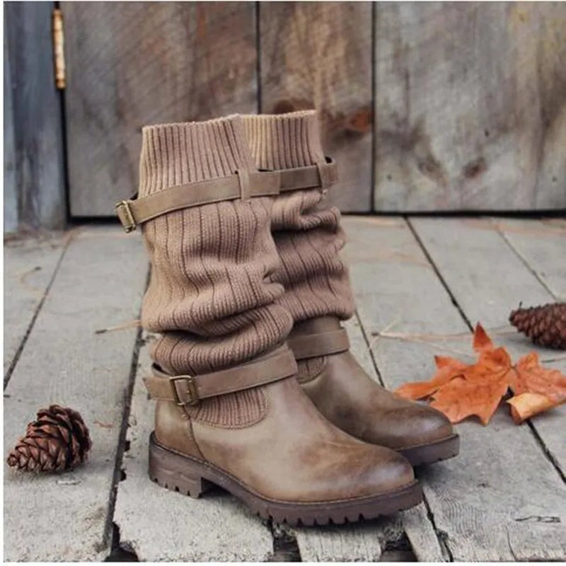 Hazel | Damen Slouch-Knit Schnallen-Stiefel mit mittlerer Wadenhöhe und Profilsohle