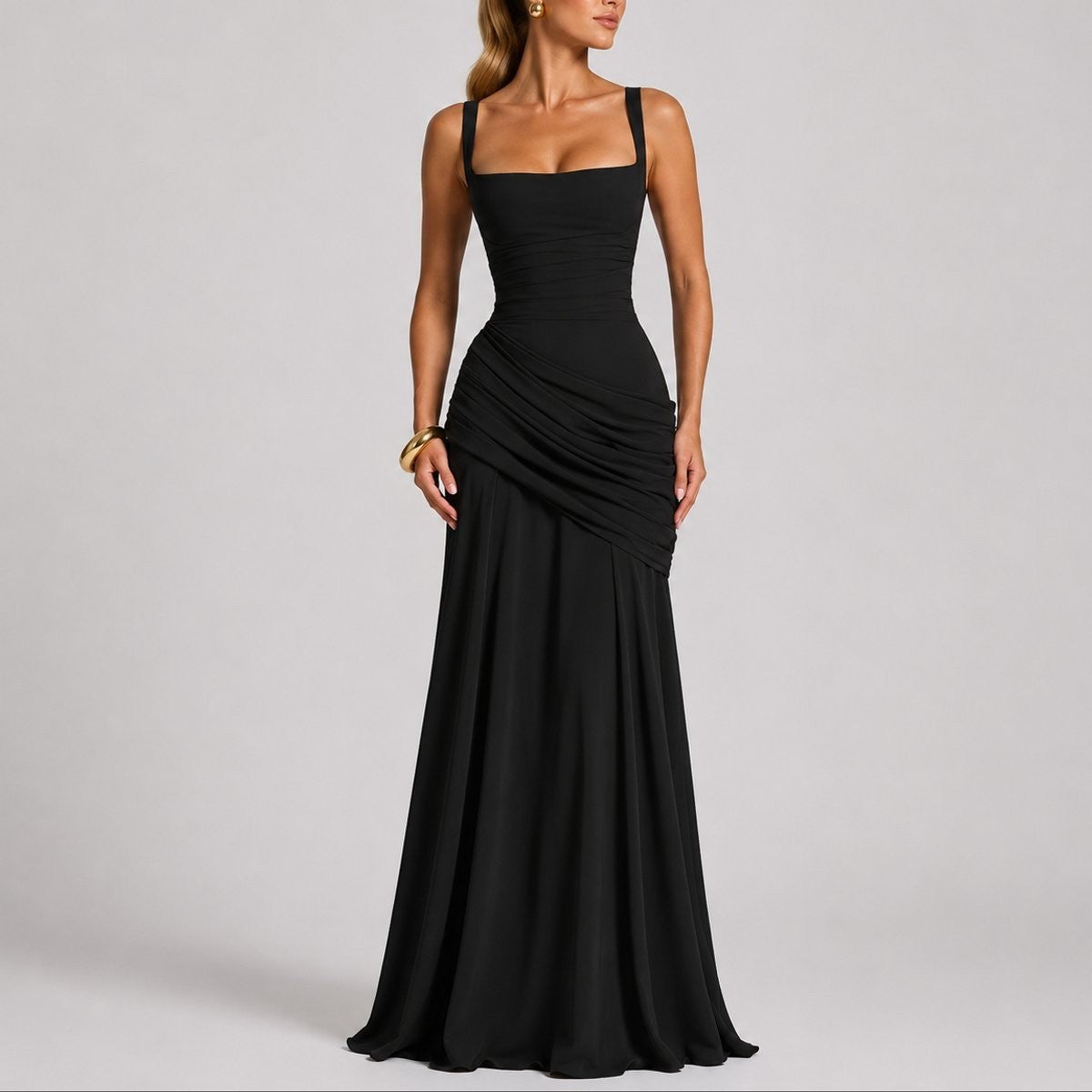 Adeline | Damen Maxikleid mit quadratischem Ausschnitt und Raffung für Hochzeitsgäste im Herbst