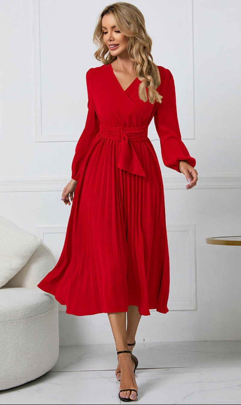 Adeline | Damen V-Ausschnitt Gürtelt Midi Kleid mit Falten für Hochzeitsgäste im Herbst