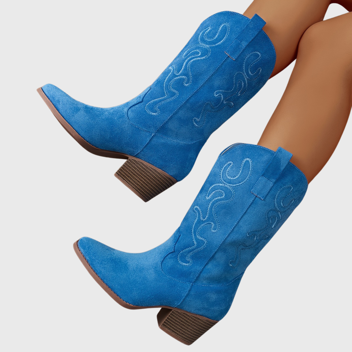 Sierra | Damen Cowboy-Stiefel mit breitem Schaft, bestickt, spitz und Blockabsatz