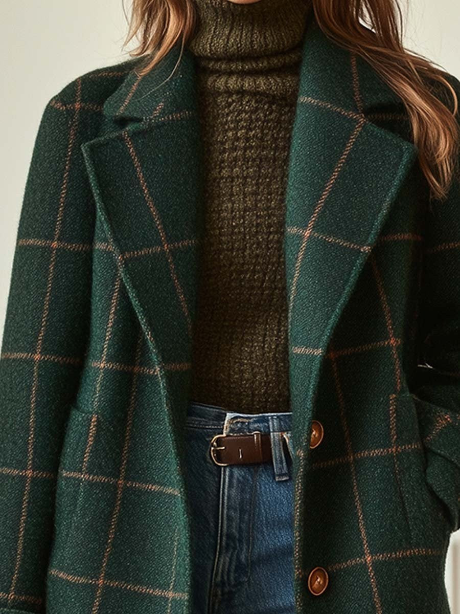 Verity | Damen Midi-Mantel mit Fensterkaromuster und Reverskragen, doppelt geknöpft
